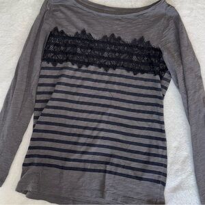 LOFT Gray Top with Black Lace and Blue Stripes